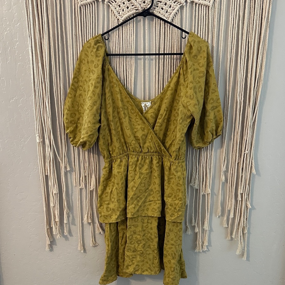 Sadie and Sage Mustard Leopard Print Tiered Wrap Front Dress